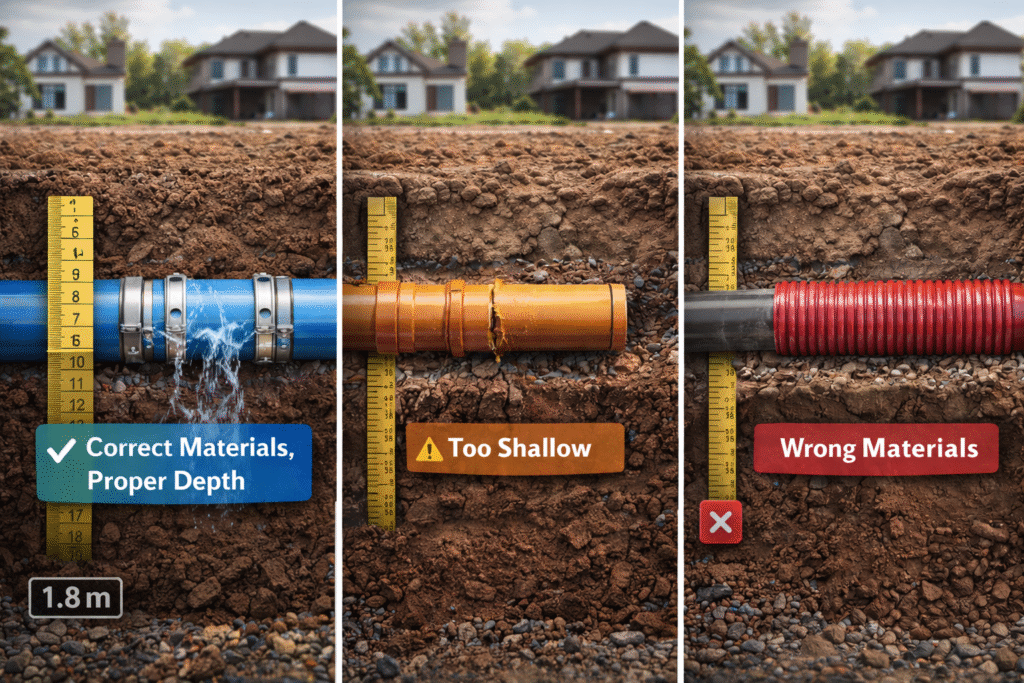 Lauko vandentiekio tinklai: medžiagos, gylis ir reikalavimai