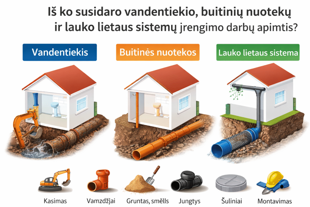 Iš ko susidaro vandentiekio, buitinių nuotekų ir lauko lietaus sistemų įrengimo darbų apimtis?