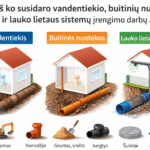 Iš ko susidaro vandentiekio, buitinių nuotekų ir lauko lietaus sistemų įrengimo darbų apimtis?