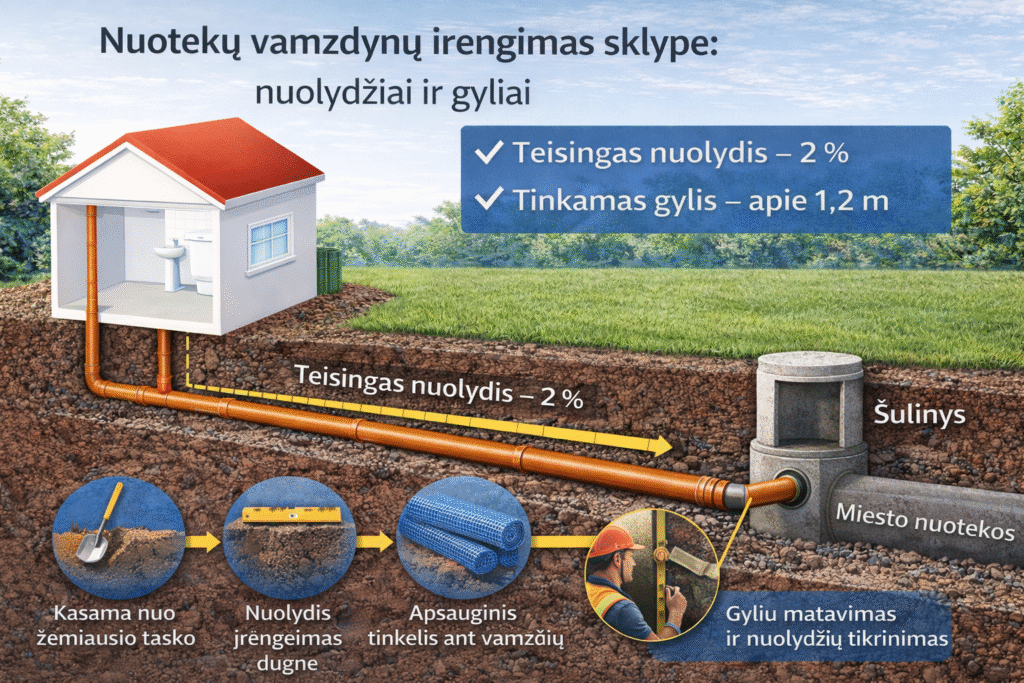 Nuotekų vamzdynų įrengimas sklype: nuolydžiai ir gyliai